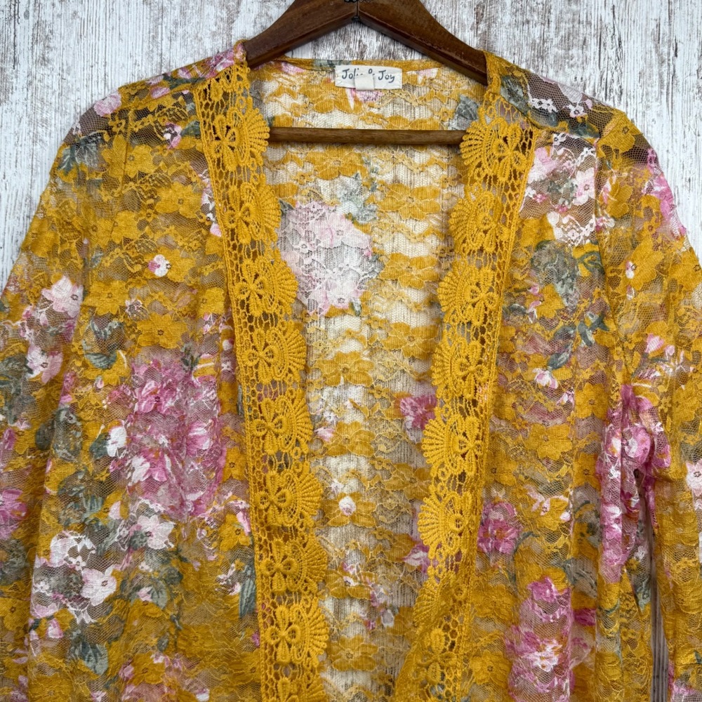 Jolie & Joy Floral Lace Kimono Cardigan Yellow Pink Bell Sleeve Large Feminine - Picture 8 of 12
